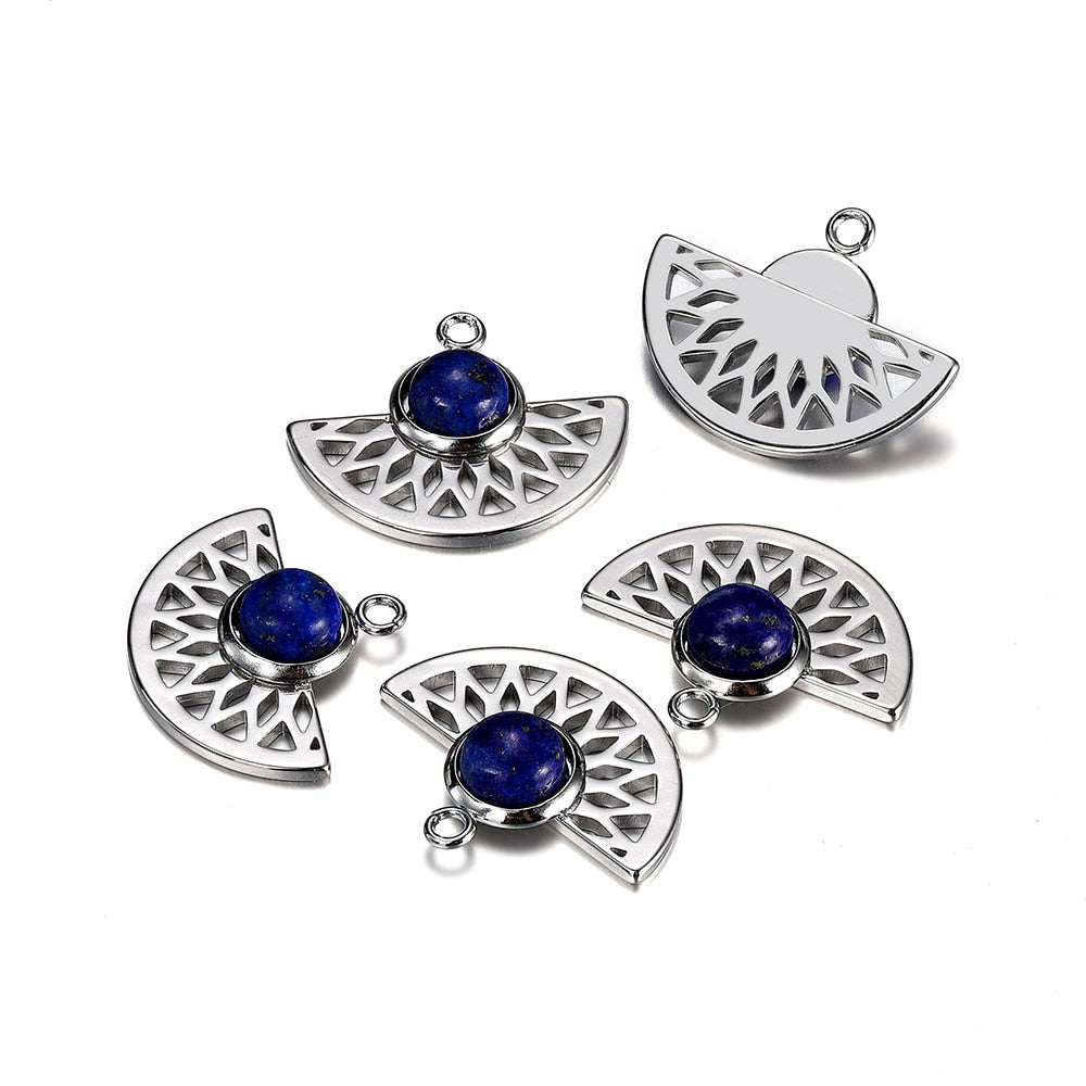 Stainless Steel Natural Stone Fan Shape Pendant, 5Pcs