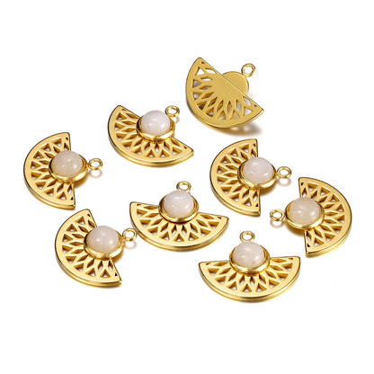 Stainless Steel Natural Stone Fan Shape Pendant, 5Pcs