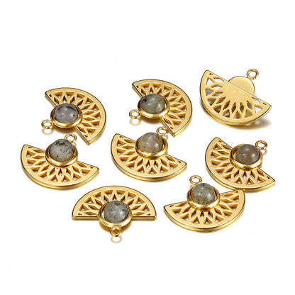 Stainless Steel Natural Stone Fan Shape Pendant, 5Pcs
