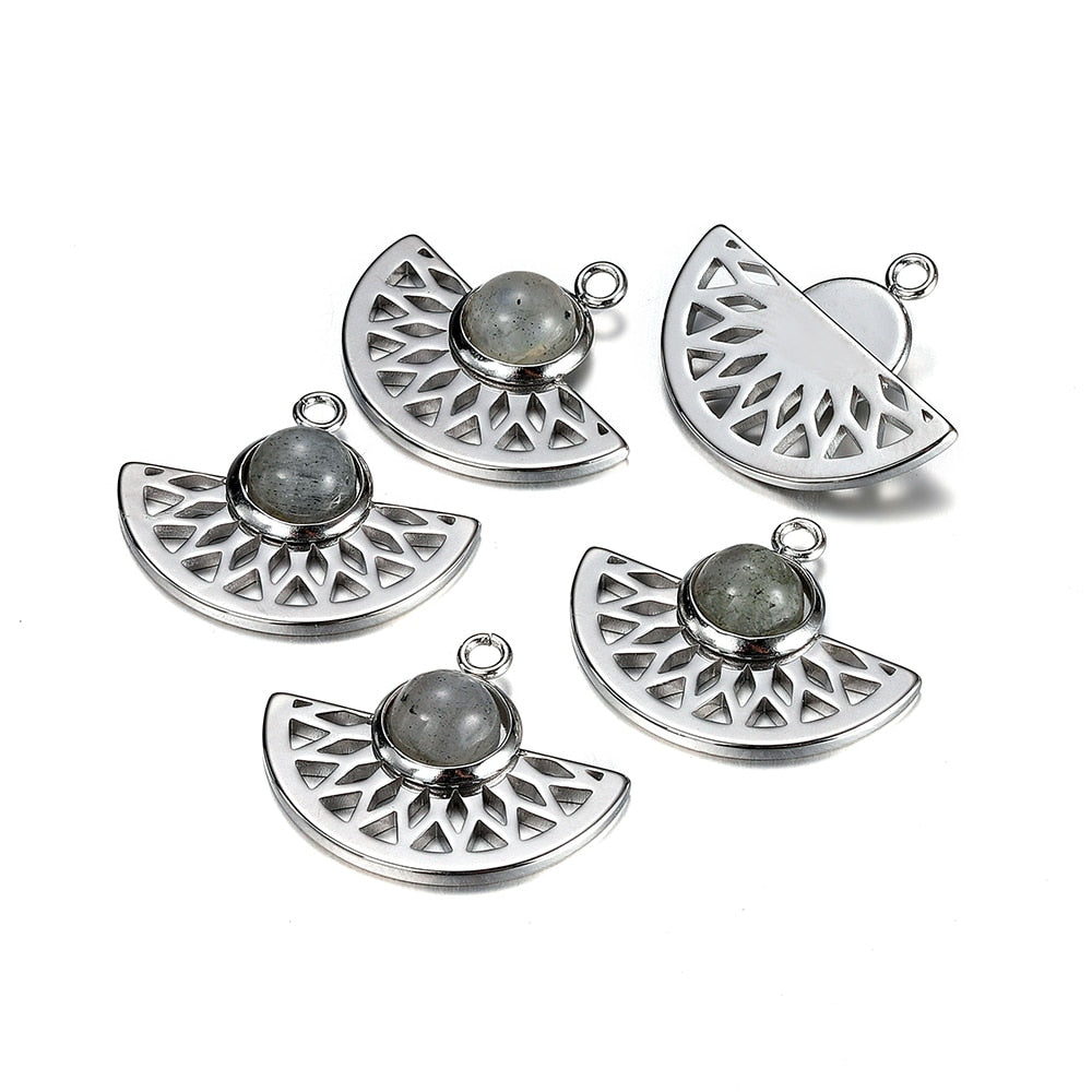 Stainless Steel Natural Stone Fan Shape Pendant, 5Pcs
