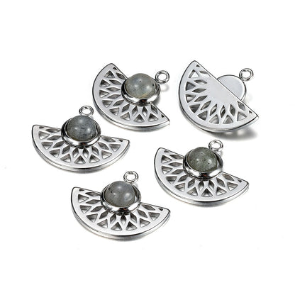 Stainless Steel Natural Stone Fan Shape Pendant, 5Pcs