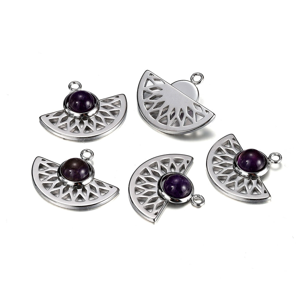 Stainless Steel Natural Stone Fan Shape Pendant, 5Pcs