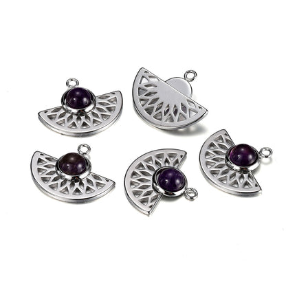 Stainless Steel Natural Stone Fan Shape Pendant, 5Pcs