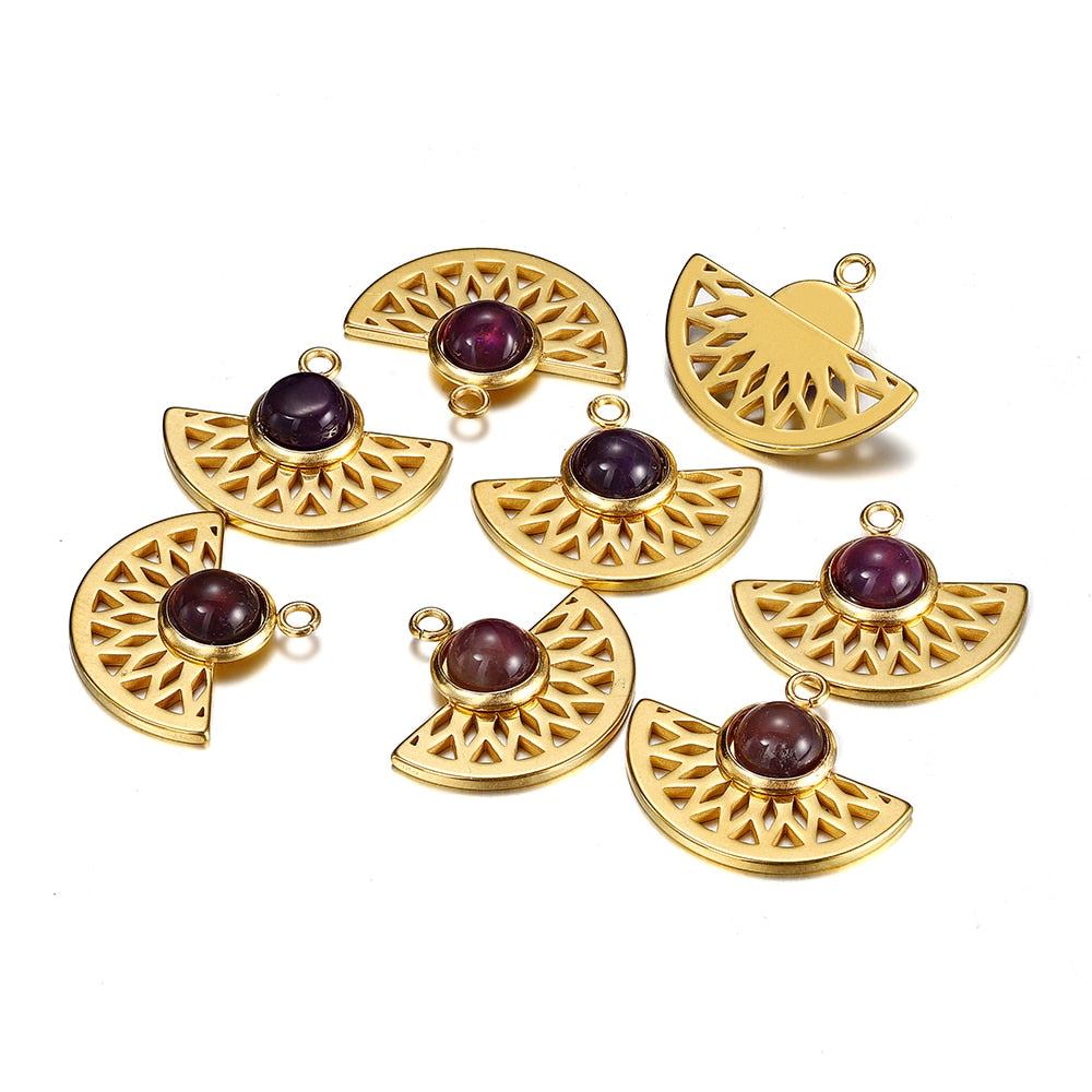 Stainless Steel Natural Stone Fan Shape Pendant, 5Pcs