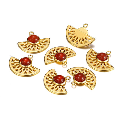 Stainless Steel Natural Stone Fan Shape Pendant, 5Pcs