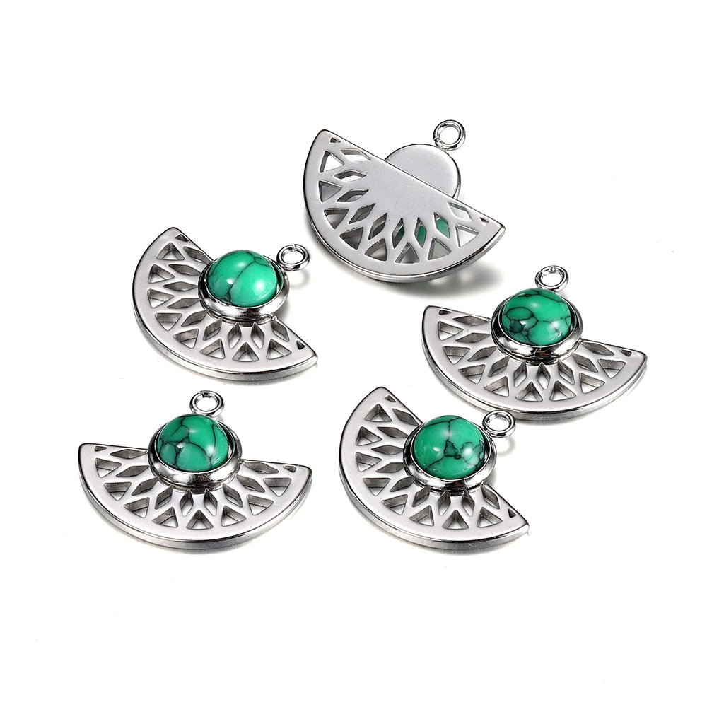 Stainless Steel Natural Stone Fan Shape Pendant, 5Pcs