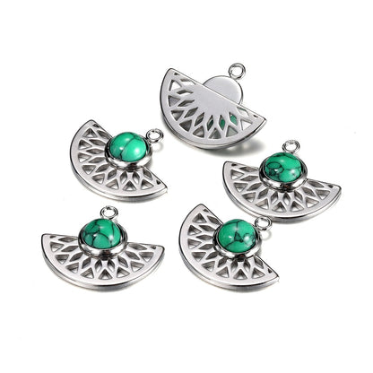 Stainless Steel Natural Stone Fan Shape Pendant, 5Pcs