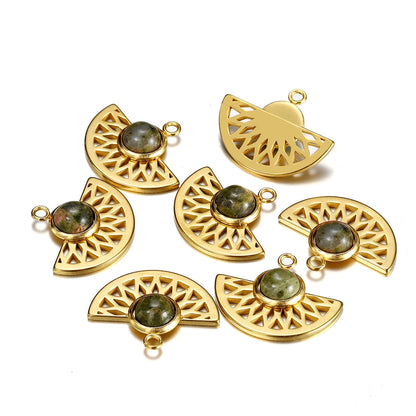 Stainless Steel Natural Stone Fan Shape Pendant, 5Pcs