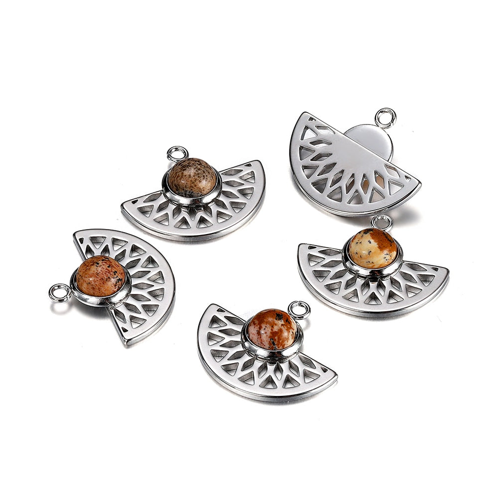 Stainless Steel Natural Stone Fan Shape Pendant, 5Pcs