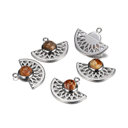 Stainless Steel Natural Stone Fan Shape Pendant, 5Pcs