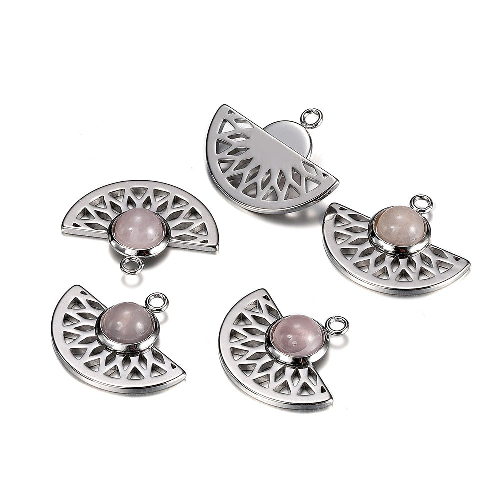 Stainless Steel Natural Stone Fan Shape Pendant, 5Pcs
