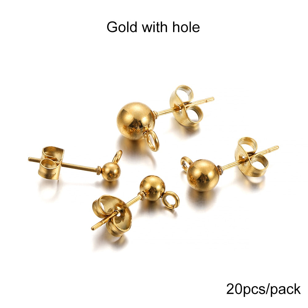 Gold Round Ball Earring Post Studs with Plugs, 20pcs