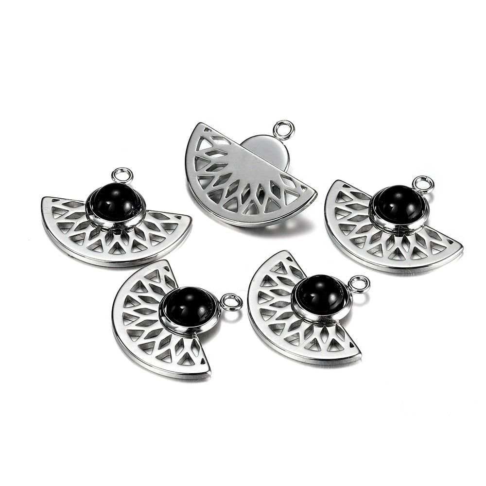 Stainless Steel Natural Stone Fan Shape Pendant, 5Pcs