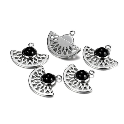 Stainless Steel Natural Stone Fan Shape Pendant, 5Pcs