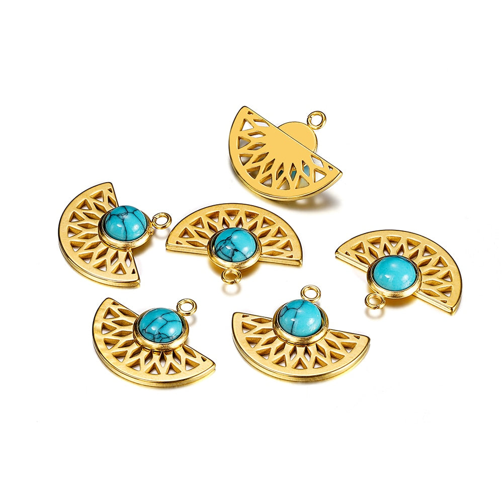 Stainless Steel Natural Stone Fan Shape Pendant, 5Pcs