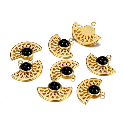 Stainless Steel Natural Stone Fan Shape Pendant, 5Pcs