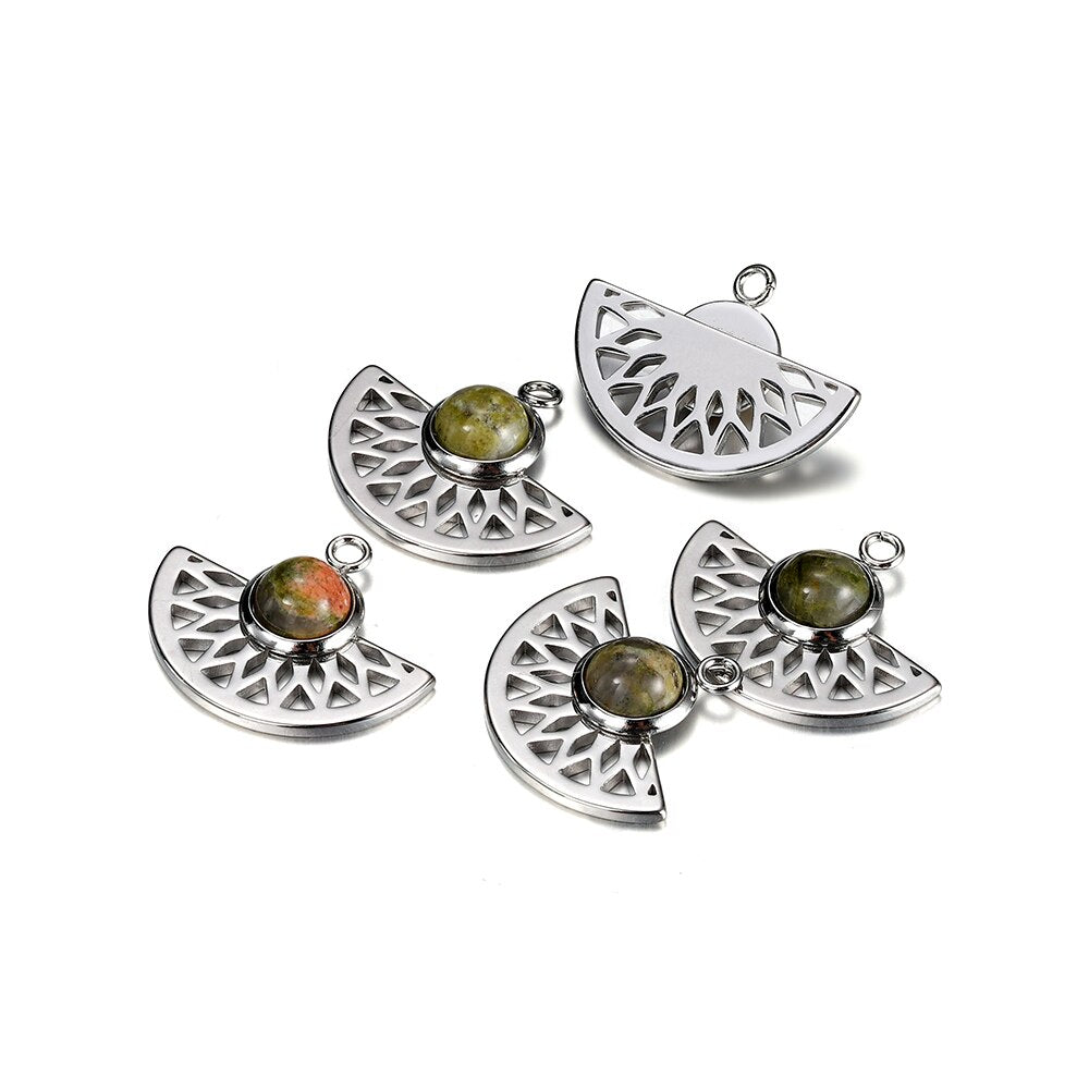 Stainless Steel Natural Stone Fan Shape Pendant, 5Pcs