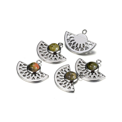 Stainless Steel Natural Stone Fan Shape Pendant, 5Pcs