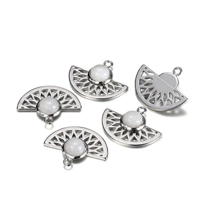 Stainless Steel Natural Stone Fan Shape Pendant, 5Pcs