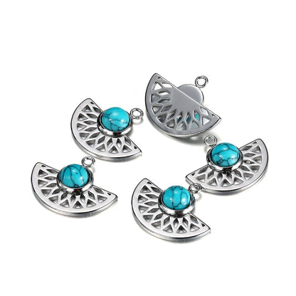 Stainless Steel Natural Stone Fan Shape Pendant, 5Pcs