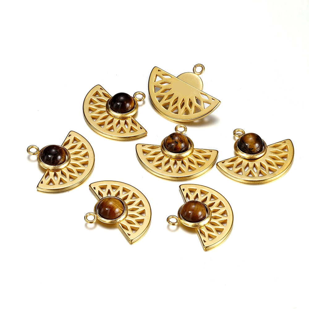 Stainless Steel Natural Stone Fan Shape Pendant, 5Pcs