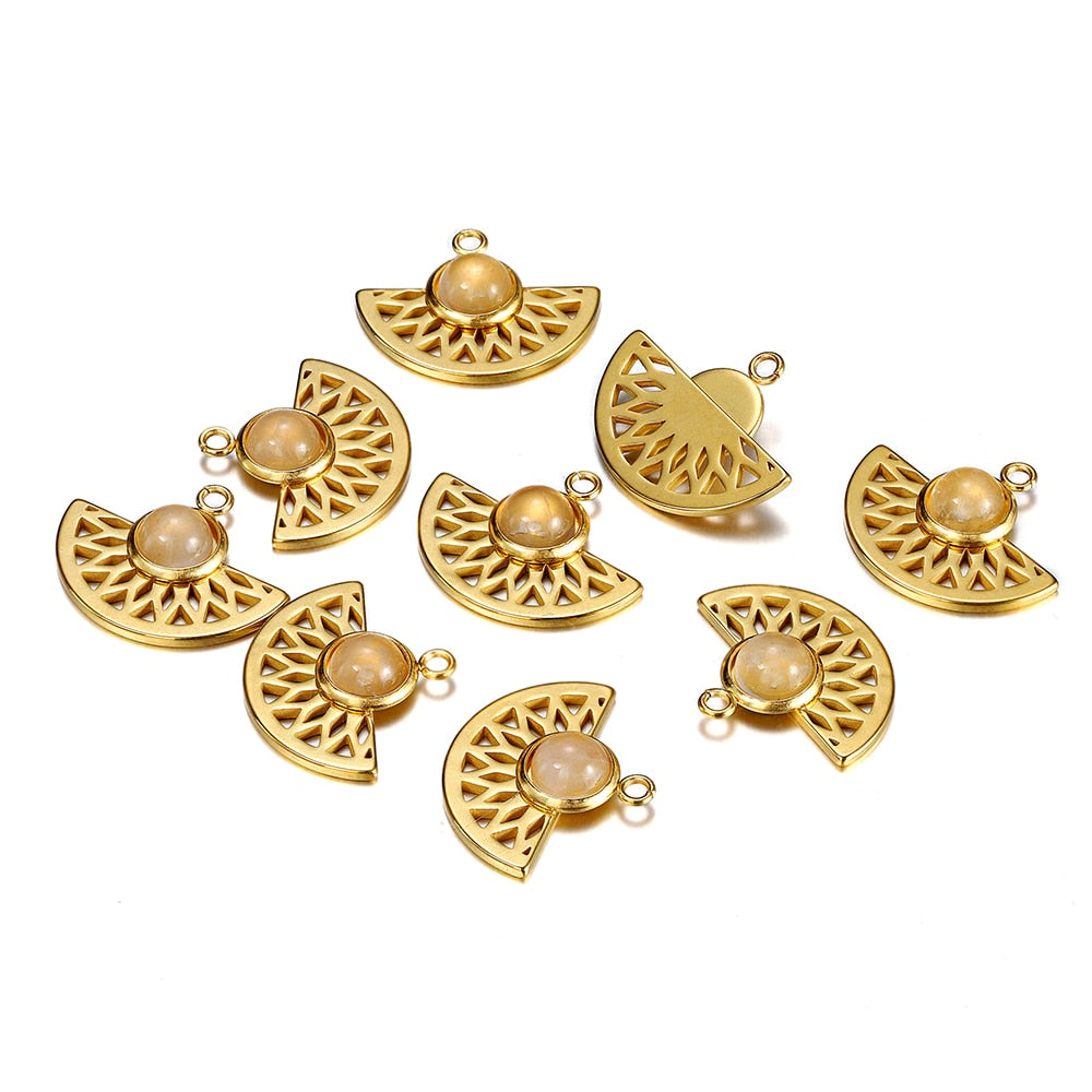 Stainless Steel Natural Stone Fan Shape Pendant, 5Pcs