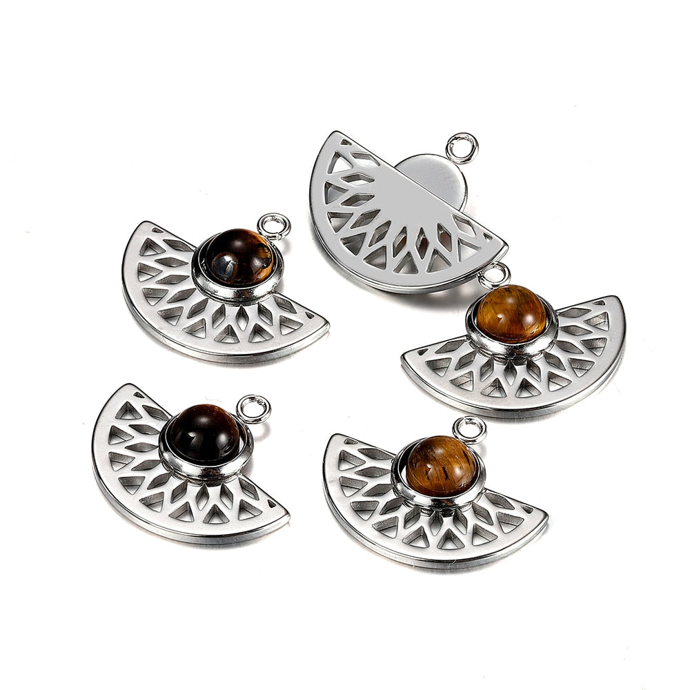 Stainless Steel Natural Stone Fan Shape Pendant, 5Pcs