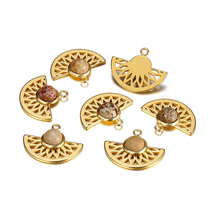 Stainless Steel Natural Stone Fan Shape Pendant, 5Pcs