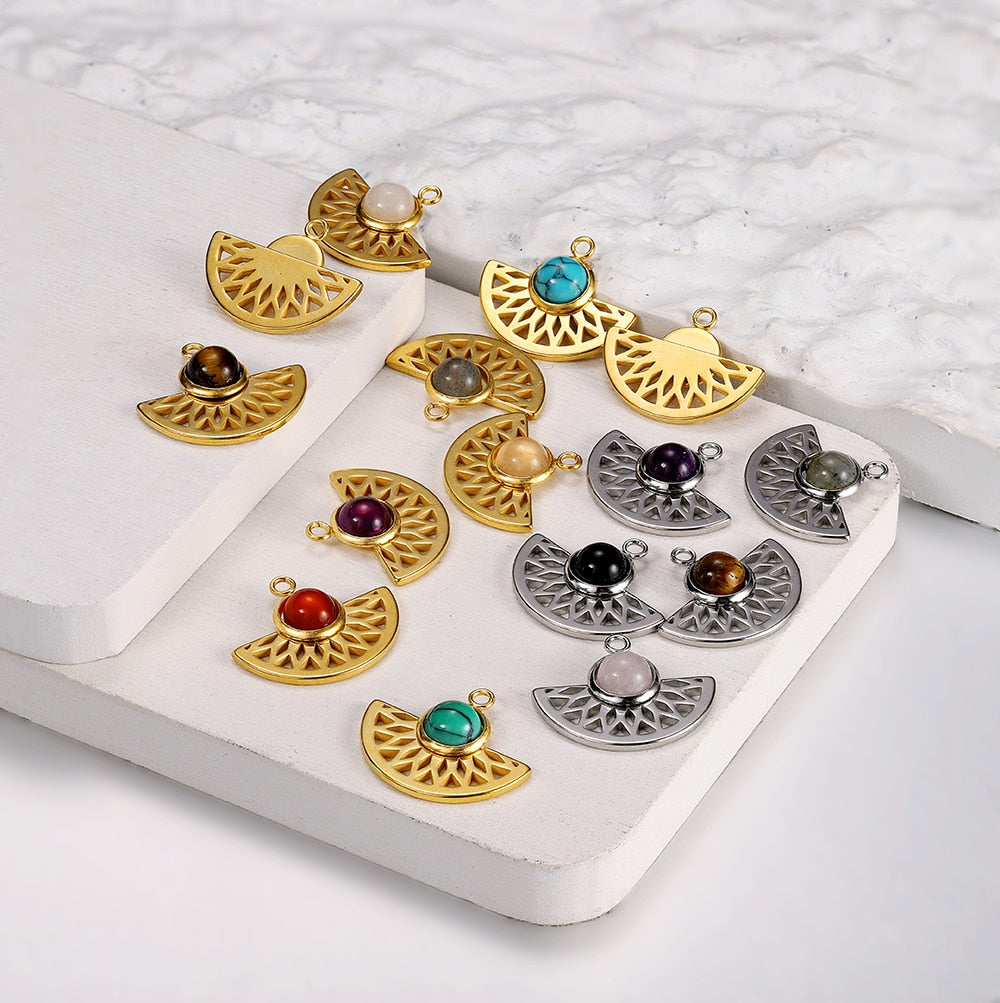 Stainless Steel Natural Stone Fan Shape Pendant, 5Pcs