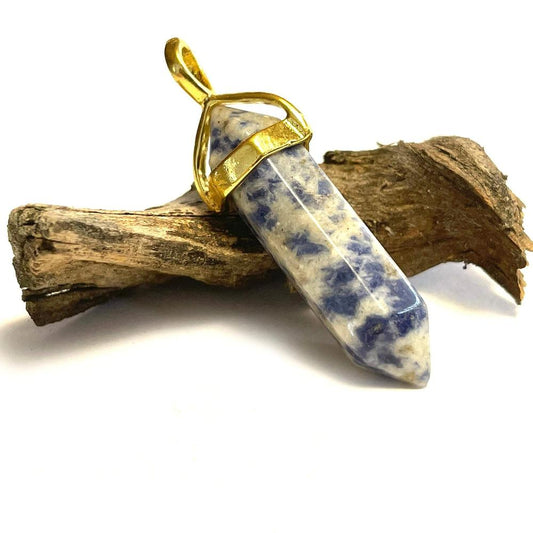 Blue Spot Jasper Hexagonal Pointed Gemstone Pendant, Gold Plated Brass, Crystal Healing Pendant, Boho Hippie Crystal 