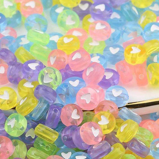 Candy Heart flat round Acrylic Beads, 7mm Coloured Mixed plastic Carved beads, 100pcs 