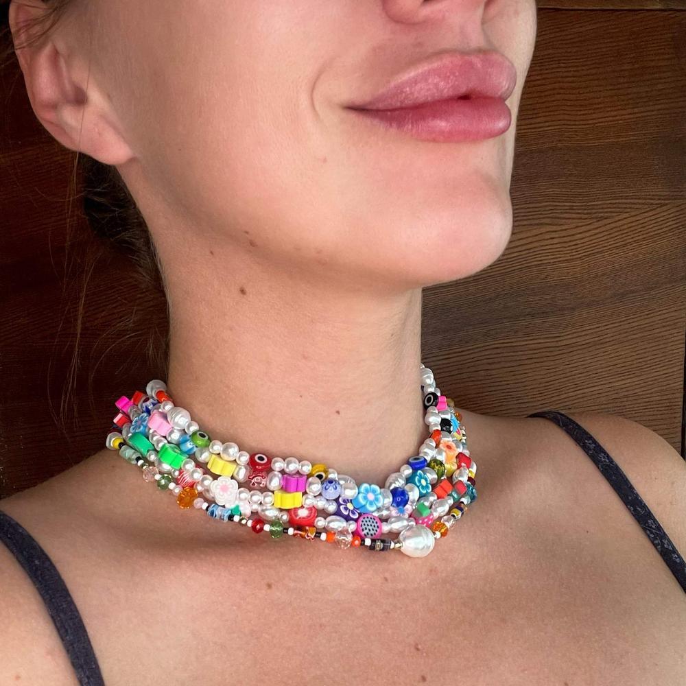 Colorful chamomile flowers Evil Eye Pearl Beaded Necklace, Transparent Mixed glass seed clay beads Choker, Indie Boho Trendy Summer Necklace 