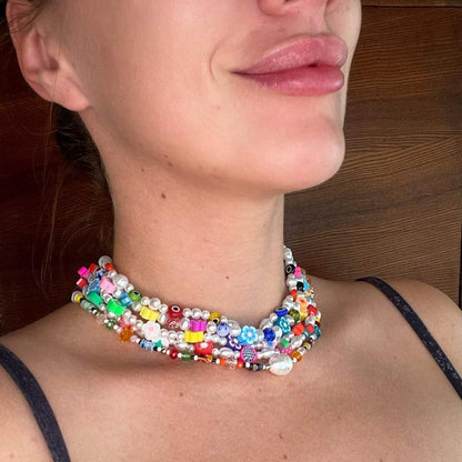 Colorful chamomile flowers Evil Eye Pearl Beaded Necklace, Transparent Mixed glass seed clay beads Choker, Indie Boho Trendy Summer Necklace 