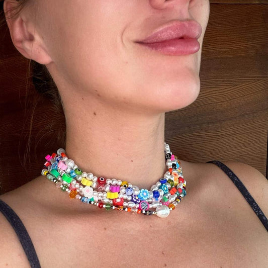 Colorful chamomile flowers Evil Eye Pearl Beaded Necklace, Transparent Mixed glass seed clay beads Choker, Indie Boho Trendy Summer Necklace 