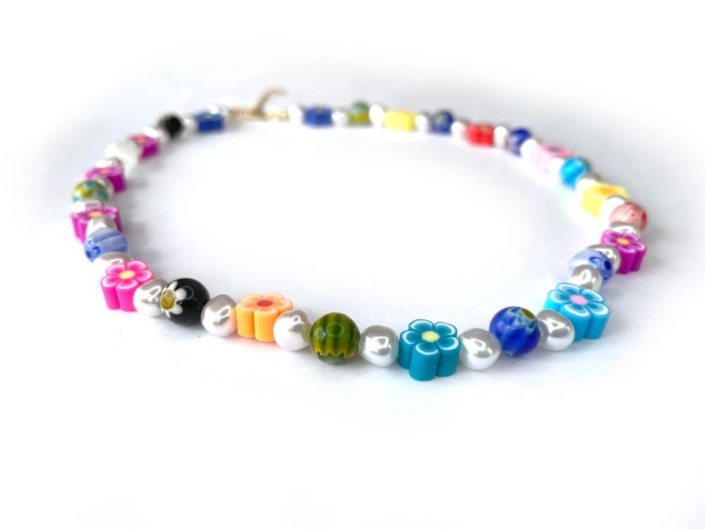 Colorful chamomile flowers Evil Eye Pearl Beaded Necklace, Transparent Mixed glass seed clay beads Choker, Indie Boho Trendy Summer Necklace 