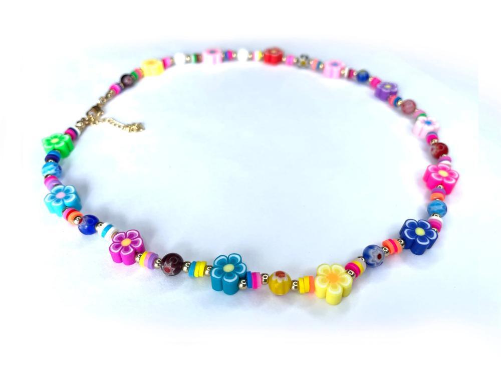 Colorful chamomile flowers Evil Eye Pearl Beaded Necklace, Transparent Mixed glass seed clay beads Choker, Indie Boho Trendy Summer Necklace 