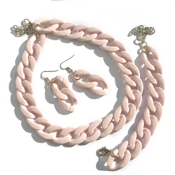 handmade Jewelry gift for her, set - Earring, Necklace, Bracelet, Acrylic Pink Chain Choker,  For Women Bijoux Fashion 