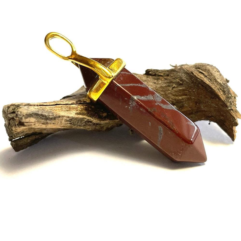 Iron Tiger Eye Hexagonal Pointed Gemstone Pendant, Gold Plated Brass, Crystal Healing Pendant, Boho Hippie Crystal 