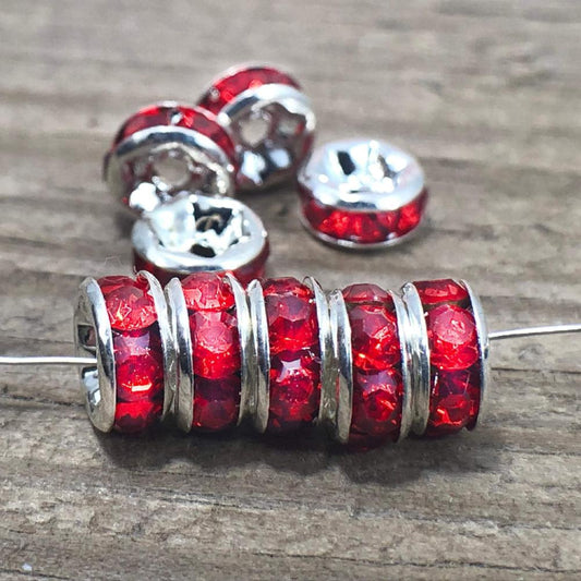 Light Siam Czech Crystal Rhinestone Silver Rondelle Spacer Beads, 100pcs 4mm 5mm 6mm 8mm 10mm, beadig jewelry making Craft Supplies Findings 