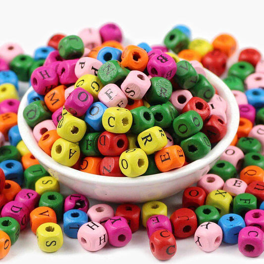 Mixed Letter Wood Square Beads, Dyed Natural Wooden Loose Beads for Jewelry Making, DIY Findings 100pcs 8/10mm 
