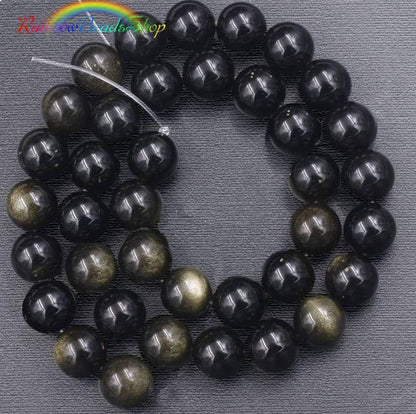 Natural Black Golden Obsidian beads, Round Gemstone, 4-18mm, 15.5''' strand 