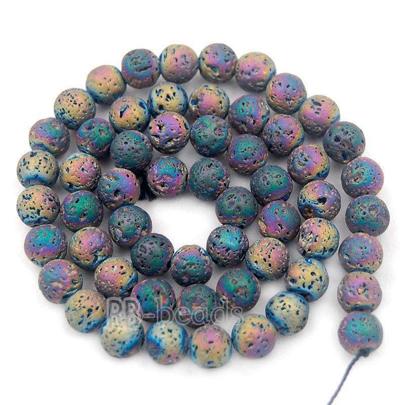 Natural Multi colored Volcanic Lava Beads Titanium Coated, 4-12mm Round Jewelry Gemstone, 15.5'' strand 