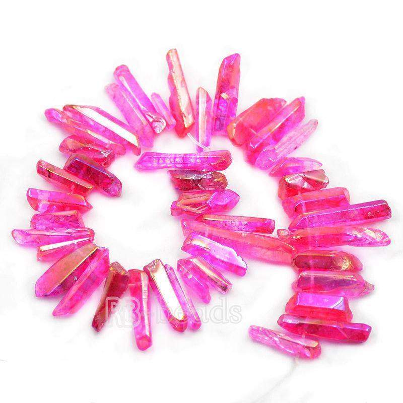 Natural polished Magenta Druzy Quartz spike Titanium Coated Stick beads, 15.5 str 