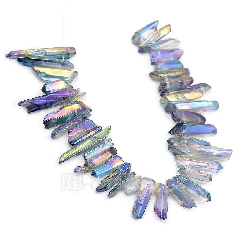 Natural polished Multi colored Clear Druzy Quartz spike Titanium Coated Stick beads, 15.5 str 