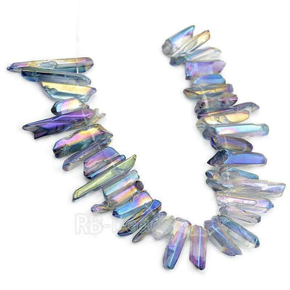 Natural polished Multi colored Clear Druzy Quartz spike Titanium Coated Stick beads, 15.5 str 