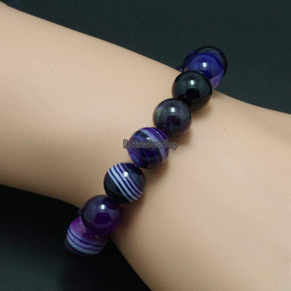 Purple stripe agate gemstone stretch bracelet,  6-12mm