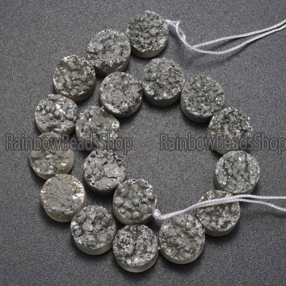 Silver Druzy Quartz Agate Flat Back Connector Cabochon, Side Drilled 
