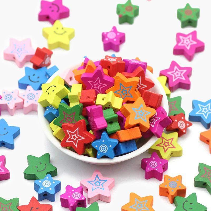 Star Wood beads, Pentagram Five-pointed Mixed Color Wooden Loose Beads 15/20mm 