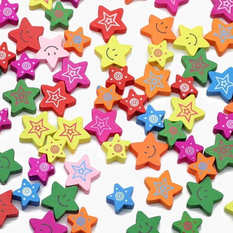 Star Wood beads, Pentagram Five-pointed Mixed Color Wooden Loose Beads 15/20mm 