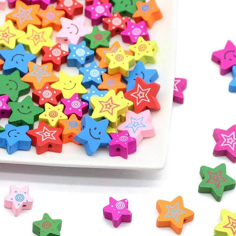 Star Wood beads, Pentagram Five-pointed Mixed Color Wooden Loose Beads 15/20mm 